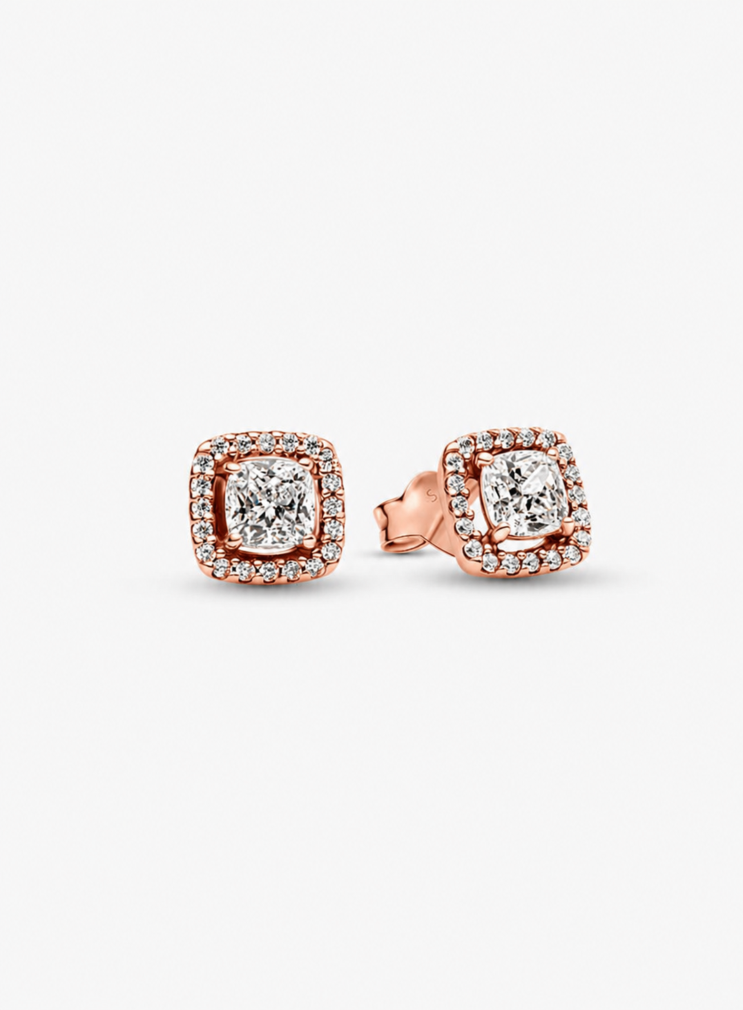 Aretes Pandora de botón Halo Cuadrado Rose Gold Brillante
