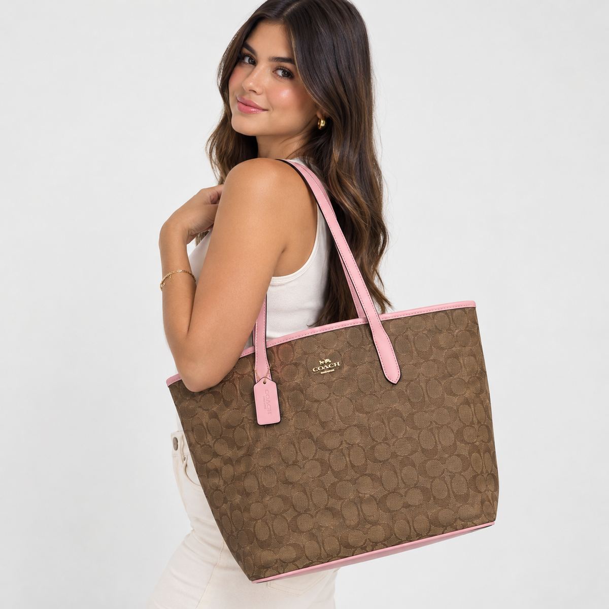 Cartera Coach Classic City Tote Bag L Rosa Y Marrón