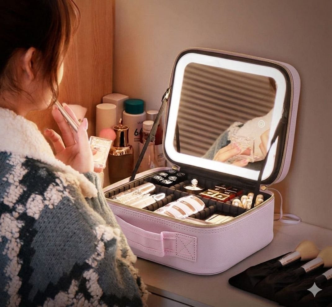 Maletín Organizador De Maquillaje Con Espejo Luz Led Rosado