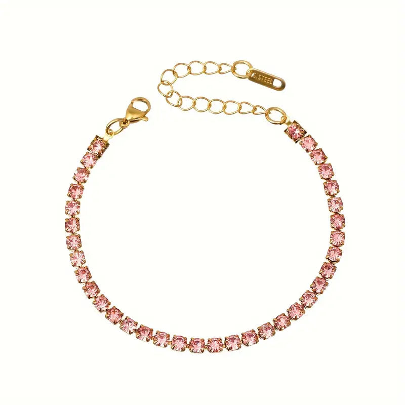 Pulsera De Tenis Brillante En Acero Inoxidable Rosa