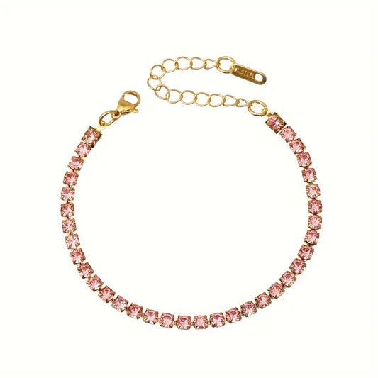 Pulsera De Tenis Brillante En Acero Inoxidable Rosa