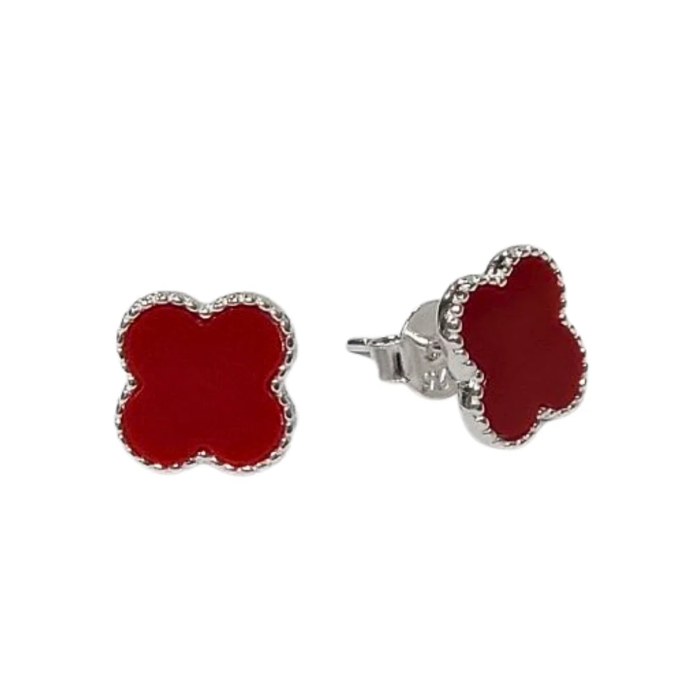 Aretes Van Cleef De 1 Trébol Liso Rojo En Plata