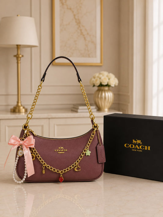 Set De Cartera Coach Morada Con Caja Y 2 Charms