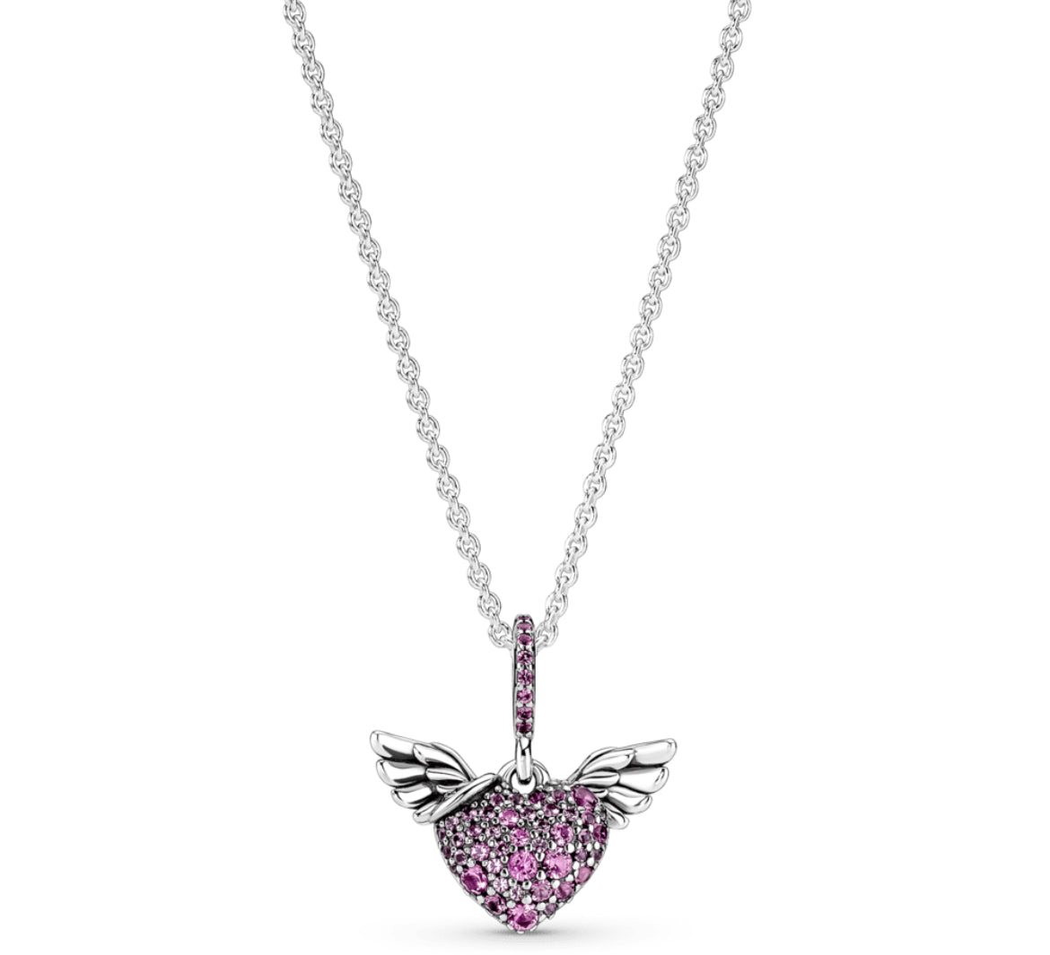 Collar Pandora corazón en Pavé alas del ángel rosa