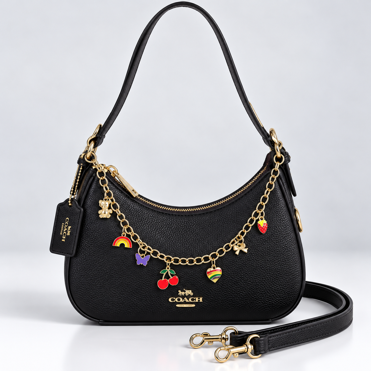 Cartera Coach De Hombro Ajustable Negra Y Charm Largo Con Caja