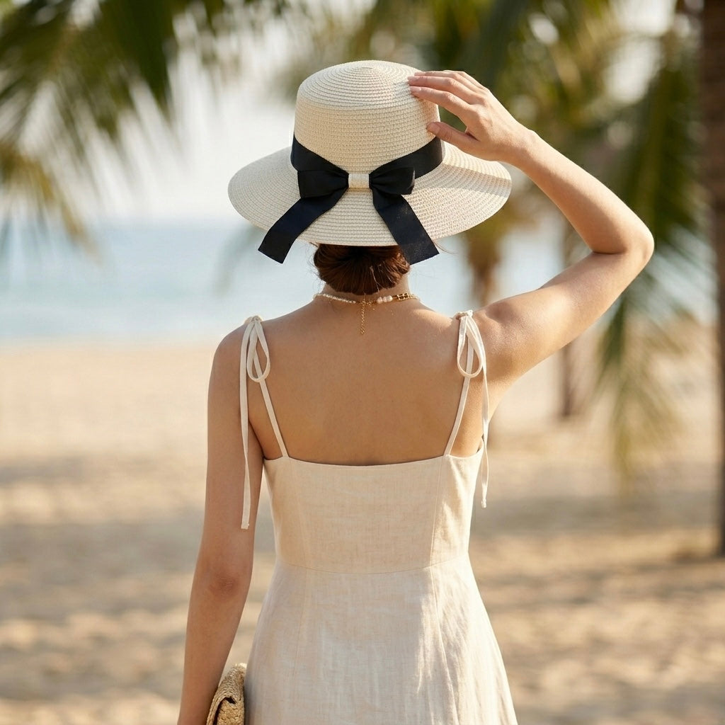 Sombrero Playero Mediano Claro con Cinta Negra