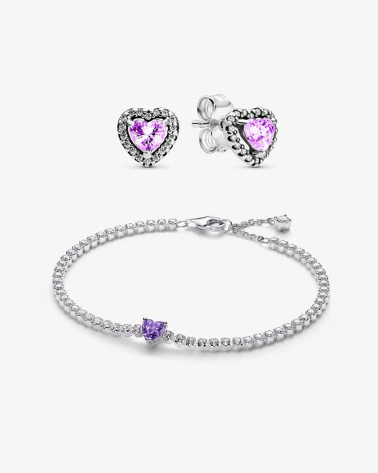 Set De Regalo Pandora Brazalete Y Aretes Corazón Morado