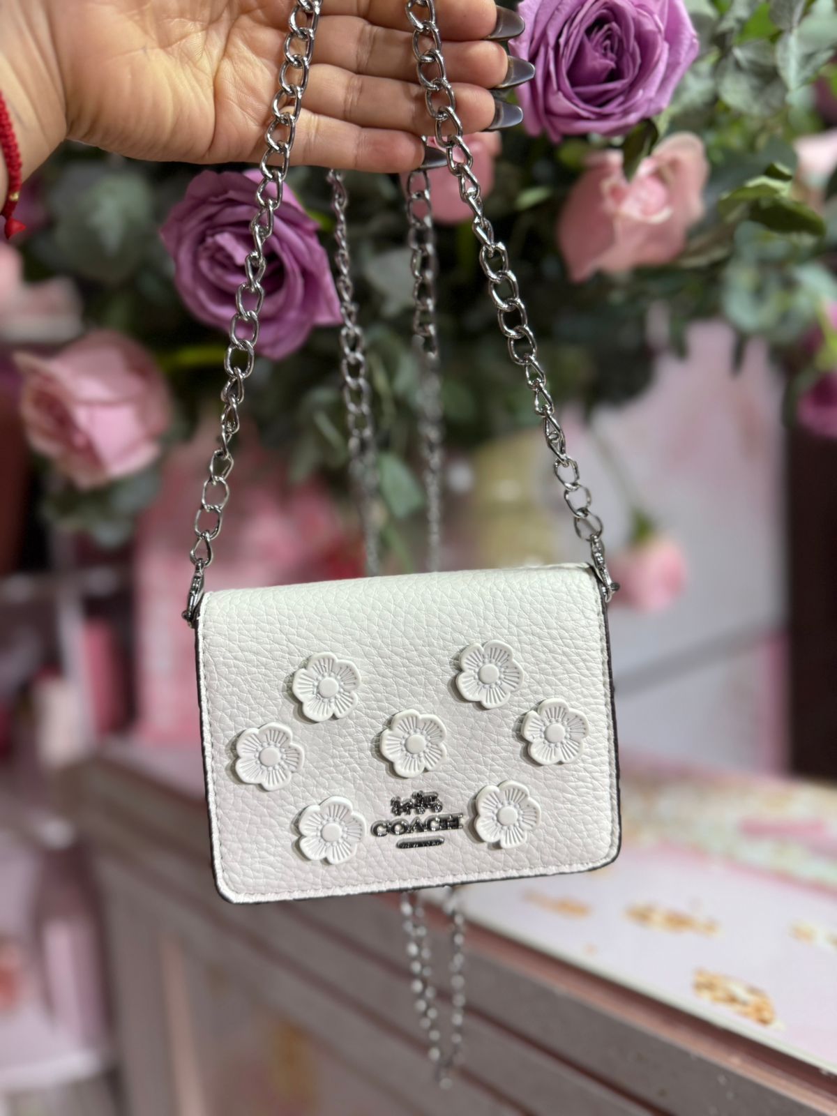 Cartera Coach Mini Blanca De Flores Con Caja