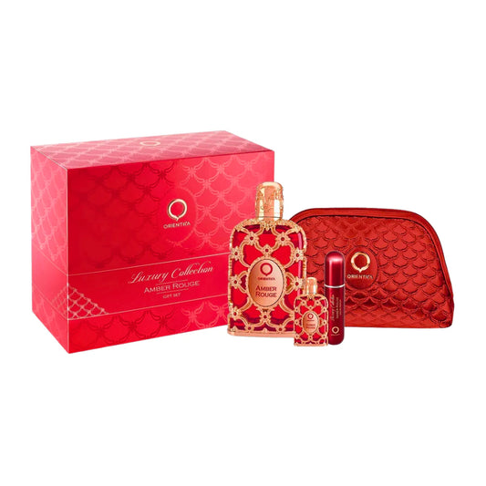 SET ORIENTICA AMBER ROUGE LUXURY COLLECTION EDP 80ML,MINI EDP 7.5ML,ATOMIZADOR,BOLSA DE REGALO