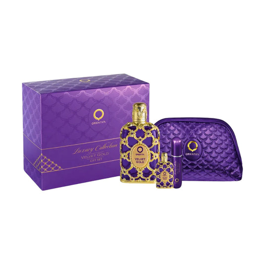 SET ORIENTICA VELVET GOLD LUXURY COLLECTION EDP 80ML,MINI EDP 7.5ML,ATOMIZADOR,BOLSA DE REGALO