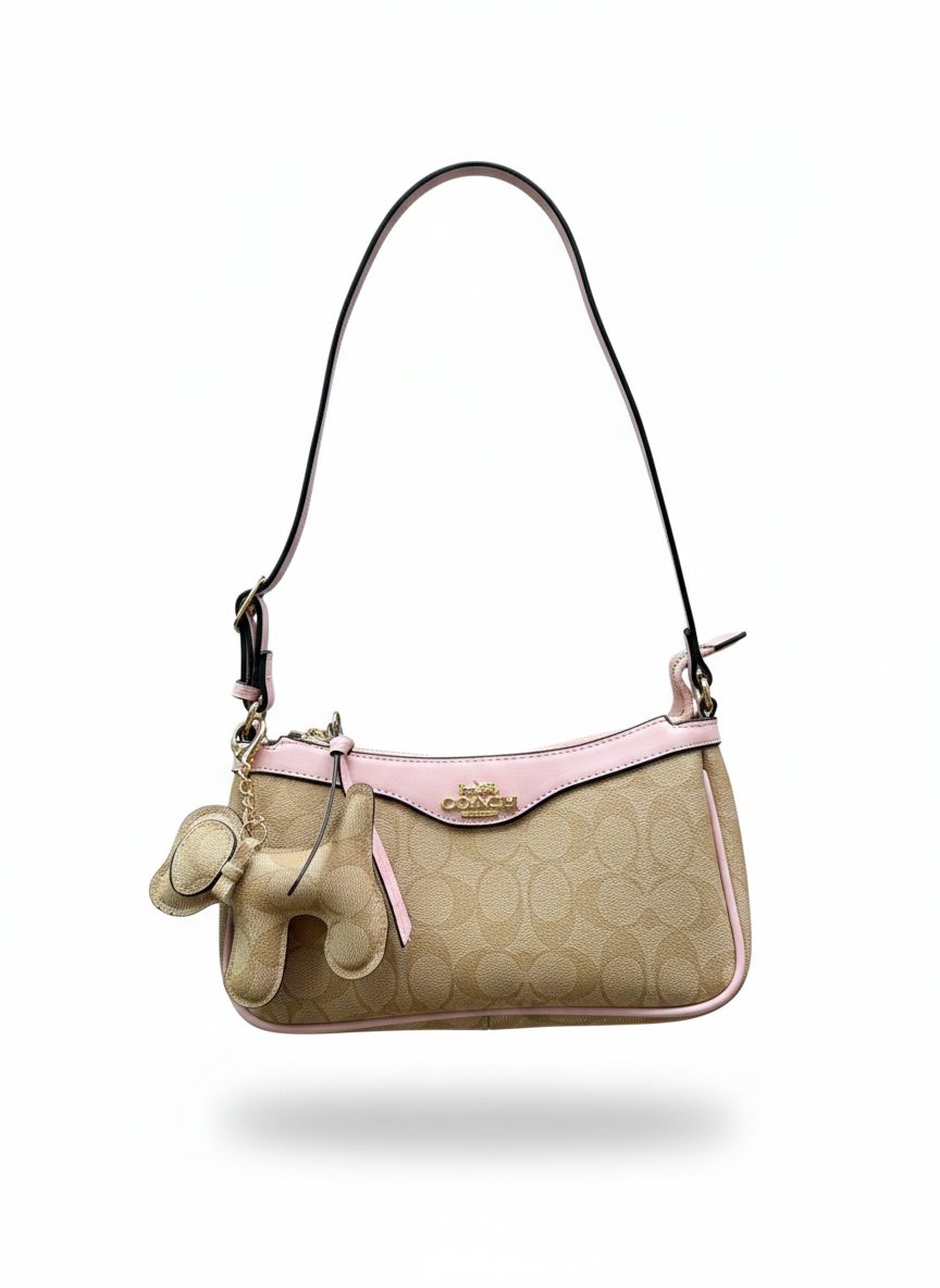 Cartera Coach Beige con rosa y Llavero de Perro