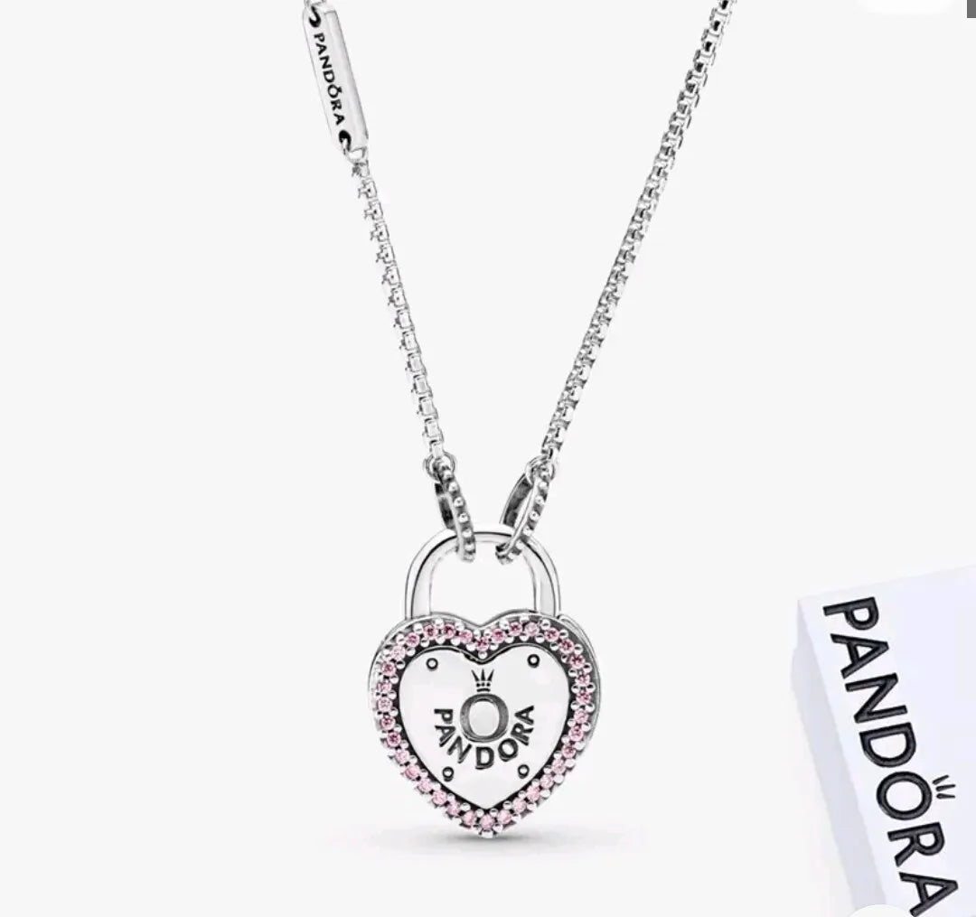 Collar Pandora Corazón Candado Rosa