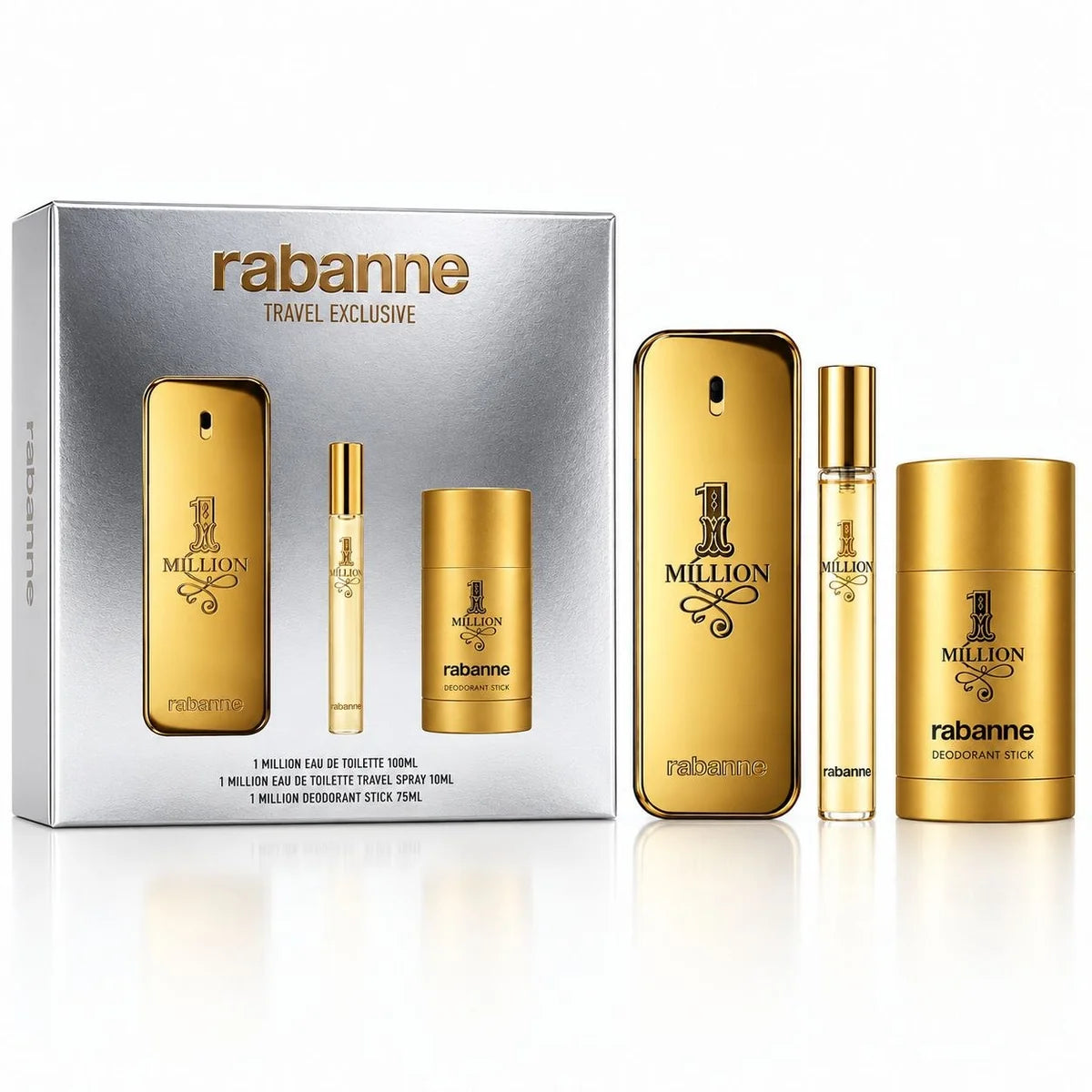 SET PACO RABANNE 1 MILLION TRAVEL EXCLUSIVE EDT 100ML EDT 10ML DESODORANTE 75ML (H)