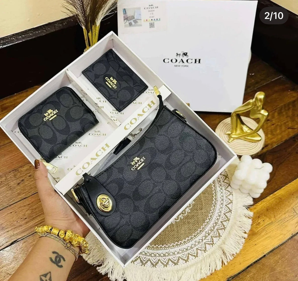 Set De 3 Carteras Coach Clásico Gris Con Negro Y Caja