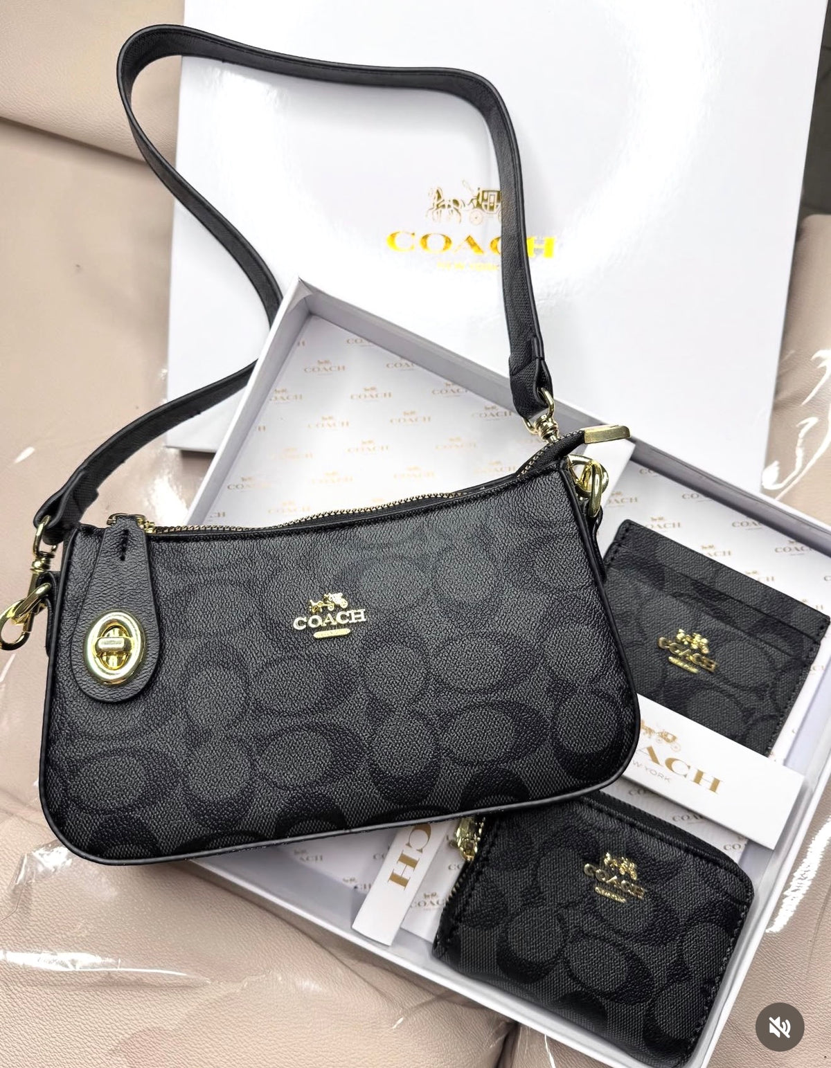 Set De 3 Carteras Coach Clásico Gris Con Negro Y Caja
